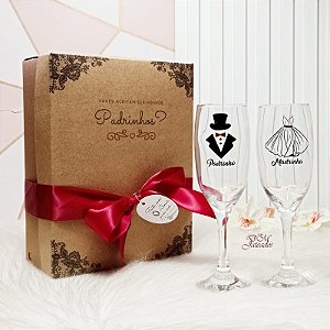 Kit Caixa com 2 Taças Champanhe Padrinho/Madrinha