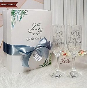 2 Taças Champanhe /25 Anos / Bodas De Prata / Caixa Presente