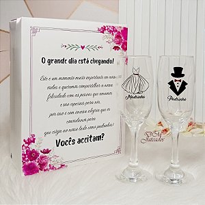 Kit Caixa Convite + Taças Champanhe Padrinhos