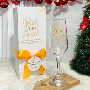 Presente Ano Novo / Taça espumante / Caixa personalizada / Fim de ano 2026