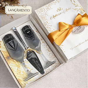 Kit Brinde dos Noivos com Taças e Espátula – Caixa Luxo Personalizada