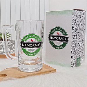 Caneca Chopp Vidro – Para a Melhor Namorada do Mundo + Caixa Presente Brinde