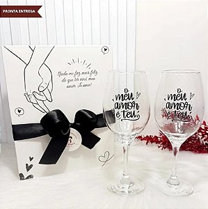 Caixa Presente + Par Taças Vinho Namorados O Meu Amor É Teu