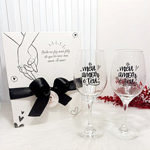 Caixa Presente + Par Taças Vinho Namorados O Meu Amor É Teu