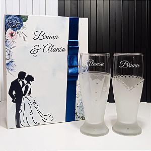 Caixa Luxo + Par De Taças Tulipa Personalizadas Noivos - Barcelona