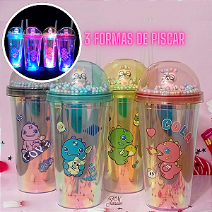 Copo Led Infantil Dino Divertido com Canudo e Tampa Acrílica / Dia das Crianças