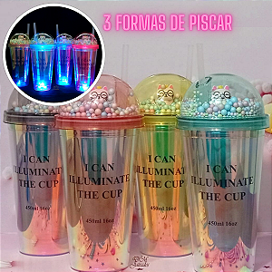 Copo Led Infantil Frases Divertido com Canudo e Tampa Acrílica / Dia das Crianças
