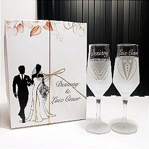 kit Brindar dos Noivos - 2 Taças decoradas+ caixa