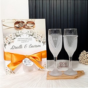 Kit Casamento com 2 Taças Personalizadas Noivos + Caixa Decorativa - Bonito