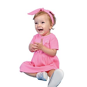 Vestido Bebê Malha Canelada Rosa com Laço de Cabeça