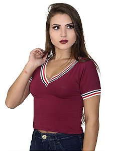 Blusa Top Cropped Listras Na Manga E Gola