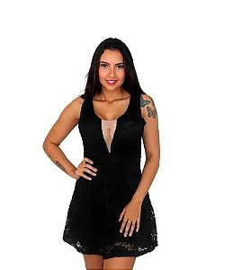 Vestido em renda com decote Ilusion, festa fashion