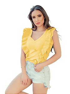 Blusa Tricot Modal Gola V Regata Com Babado Blogueira