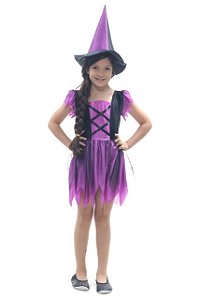 Fantasia Bruxa Encantada Roxa Basic Vestido Infantil com Chapéu - Halloween