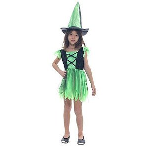 Fantasia Bruxa Encantada Verde Basic Vestido Infantil com Chapéu - Halloween