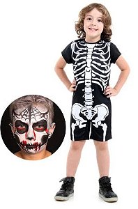 Fantasia Esqueleto Macacão curto com Maquiagem - Halloween