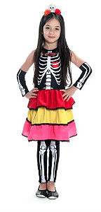 Fantasia Caveira Mexicana Vestido Infantil com Tiara - Halloween