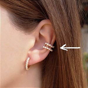 Brinco piercing fake duplo zircônias cravejadas folheado a ouro 18K hipoalergênico