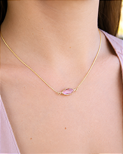 Colar cristal navete rosa folheado a ouro 18K hipoalergênico
