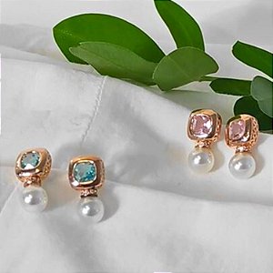 Brinco pérola cristal aqua quadrado zircônias cravejadas folheado a ouro 18K hipoalergênico