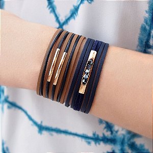 Pulseira de couro feminina  cristais azul marinho detalhe folheada a ouro 18K hipoalergênico