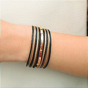 Pulseira bracelete de ímã duas cores preto e bege fio algodão folheada a ouro 18K hipoalergênico