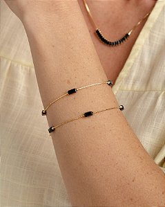 Pulseira sofisticada cristais pretos folheada a ouro 18K hipoalergênico