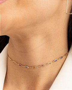 Colar choker zircônias coloridas retangulares folheado a ouro 18K hipoalergênico