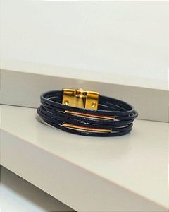Pulseira de couro feminina preta 2 detalhes curvados folheada a ouro 18K hipoalergênico