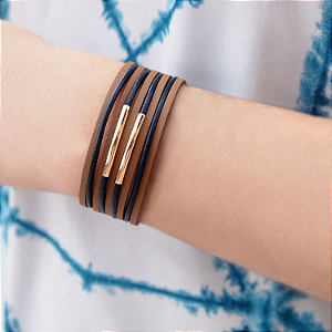 Pulseira de couro feminina duas cores, azul marinho e nude folheada a ouro 18K hipoalergênico