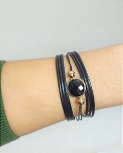 Pulseira pingente de cristal preto com fios e fecho de ímã folheada a ouro 18K hipoalergênico