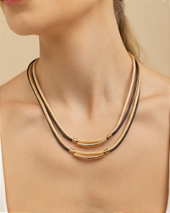 Colar bicolor preto e nude duas voltas folheado a ouro 18K hipoalergênico