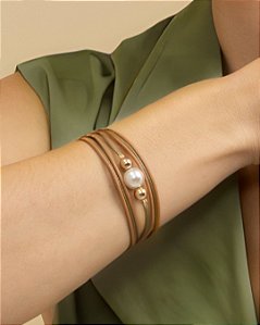 Bracelete de pérola em couro feminino caramelo e verde militar folheada a ouro 18K hipoalergênico