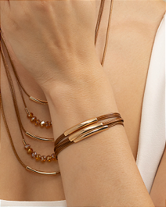 Pulseira 3 voltas meia cana fio marrom folheado a ouro 18K hipoalergênico