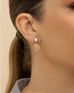 Brinco pedra natural citrino base gota invertida folheado a ouro 18K hipoalergênico