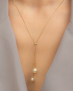 Colar gravatinha de pérola regulável folheado a ouro 18K hipoalergênico