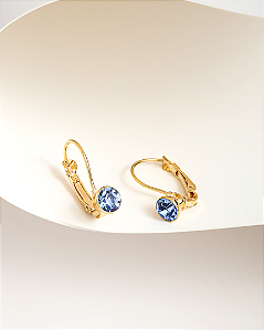 Brinco cristal redondo azul fecho tipo click folheado a ouro 18K hipoalergênico