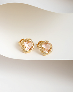 Brinco festa fixo pedra zircônia salmão moldura vintage folheado a ouro 18K hipoalergênico