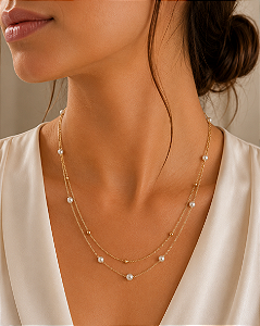 Colar duplo delicado corrente com bolinhas e corrente com pérolas 6 mm folheado a ouro 18K hipoalergênico