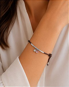 Pulseira pingente cristal rosa regulável banho ródio hipoalergênico