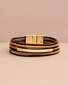 Pulseira de couro feminina 2 tons detalhes geométricos folheada a ouro 18K hipoalergênico