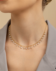 Choker pingentes pérolas articulados folheado a ouro 18K hipoalergênico