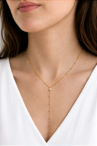 Colar de bolinhas em Y com detalhe de zircônia folheado a ouro 18K hipoalergênico