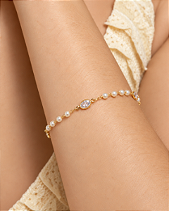 Pulseira com pérolas e zircônias navete folheado a ouro 18K hipoalergênico