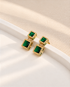 Brinco duas pedras quadradas zircônia verde esmeralda folheado a ouro 18K hipoalergênico
