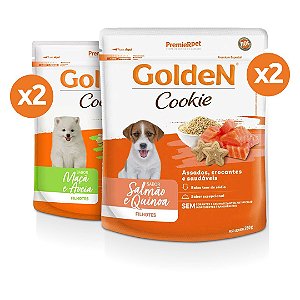 Golden Cookie para Cães Filhotes - Sabores Salmão e Quinoa, Maça e Aveia 350g - kit com 4 unidades