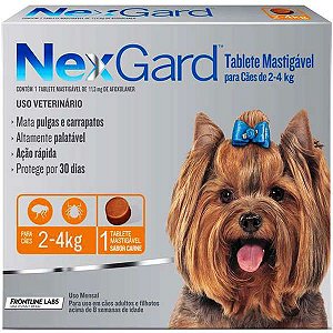 Antipulgas e Carrapatos NexGard - Para Cães de Raças Pequenas de 2 a 4Kg - 1 Tablete