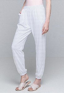 Calça Jogger Pijama Cordao Bolso Malha Elastano Branco Listra Com Forro