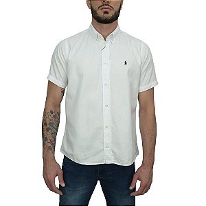 Camisa Social Oxford Manga Curta Branco Logo Clássico Marinho