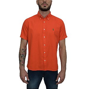 Camisa Social Oxford Manga Curta Laranja Logo Clássico